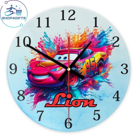 shop4gifts-personalised-Lightning-McQueen-disney-pixar-cars-glass-wall-clock-custom-kids-room-decor-front