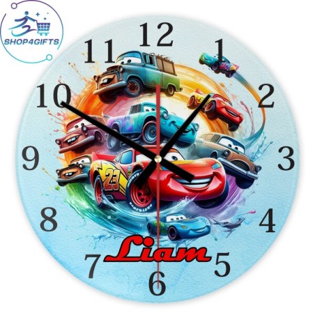 Disney Pixar Cars Glass Wall Clock with Name