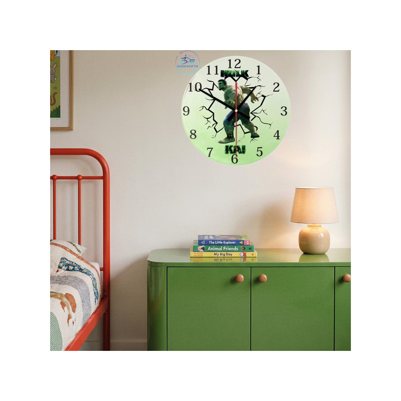 shop4gifts-personalised-marvel-hulk-glass-wall-clock-custom-kids-room-Front