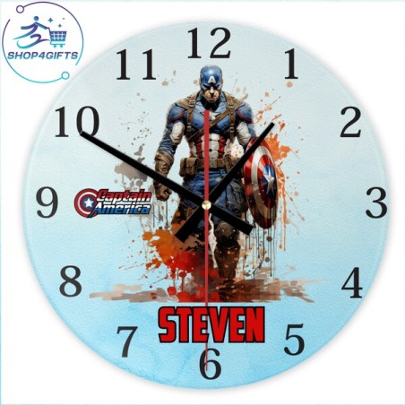 Personalised Marvel Captain America Glass Wall Clock with Name