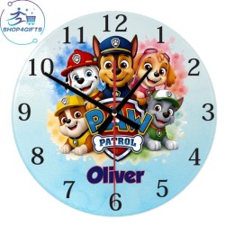 shop4gifts-personalised-paw-patrol-team-glass-wall-clock-custom-name-kids-bedroom-gift-au Australia