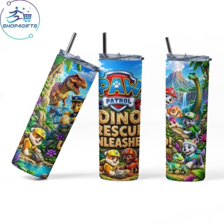 Shop4Gifts-Personalised-Paw-Patrol-Team-With-Dinosaur-20oz-Skinny-Tumbler